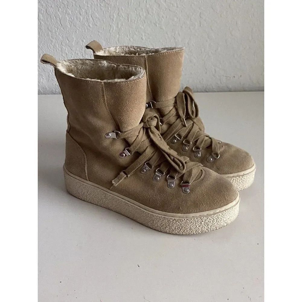 J/SLIDES NYC Suede Leather Faux Sherpa Lined Lace‎ Boots Womens Size 8.5 Tan